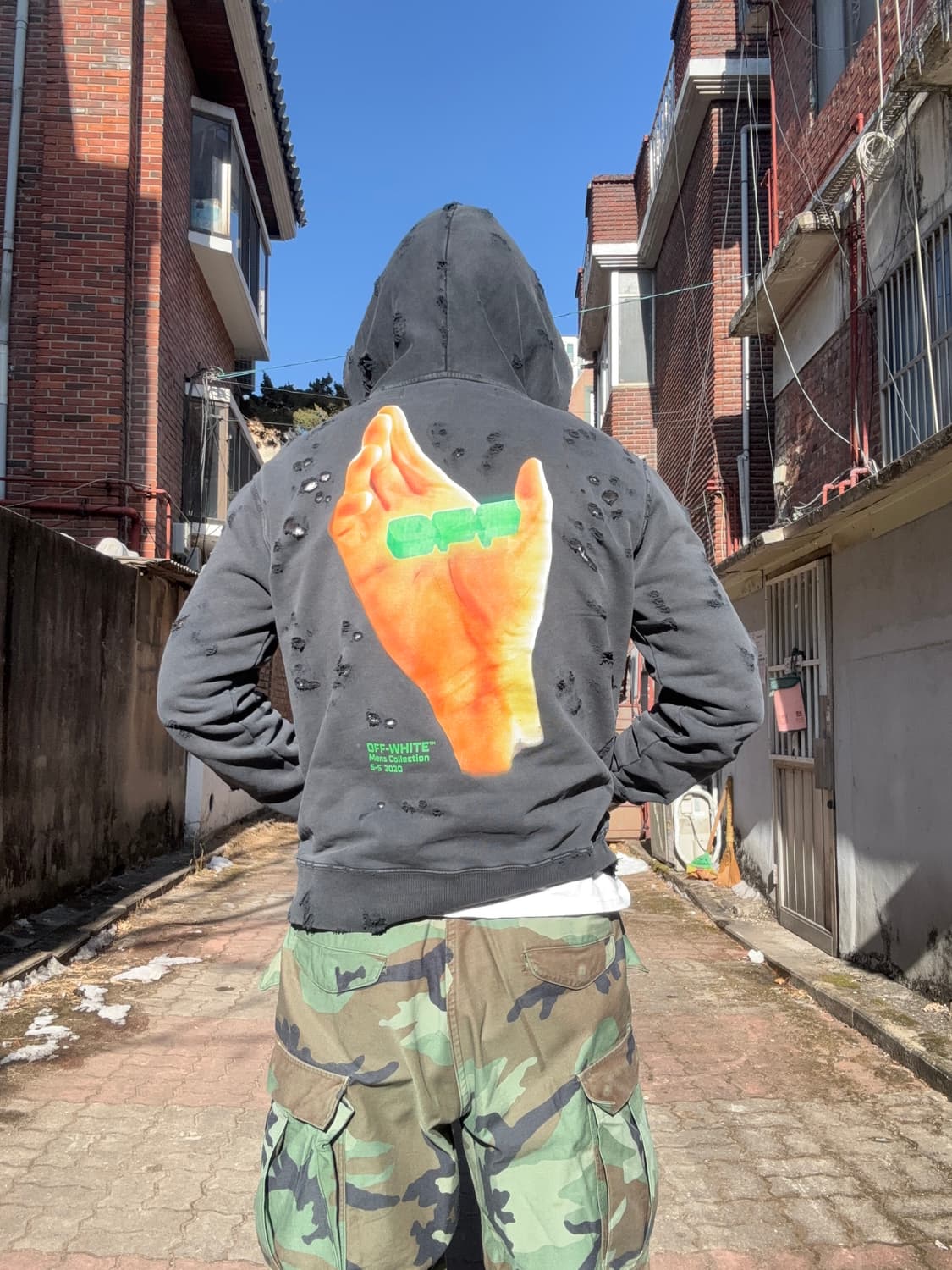 20ss 오프화이트 디스트레스드 페이딩 핸드사인 빈티지 후드 상품이미지1