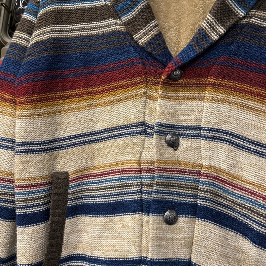 90s JPN 에스닉 자카드 스트라이프 보아라이닝 숄카라 가디건 N562 상품이미지5