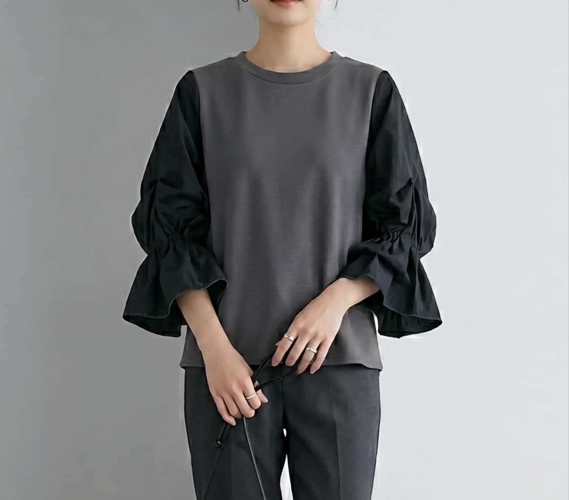 [66]오즈세컨 백 리본 셔링 퍼프 슬리브 티셔츠 상품이미지1