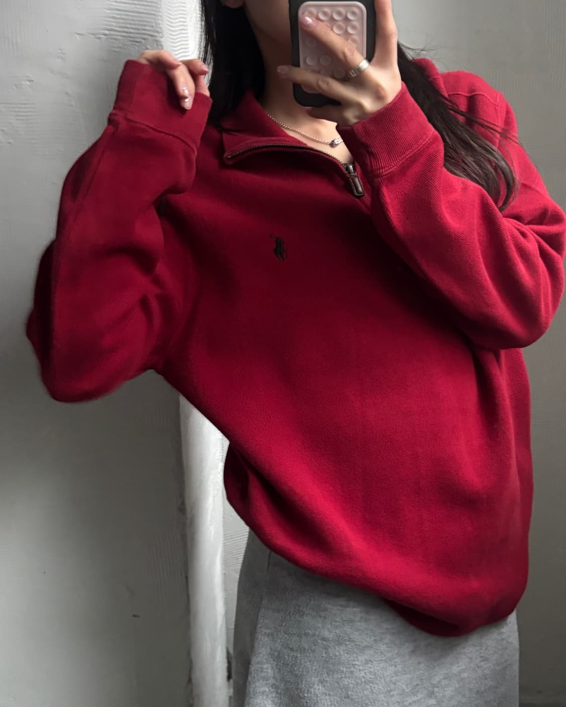Polo 폴로 랄프로렌 코튼 레드컬러 하프집업 니트 상품이미지1