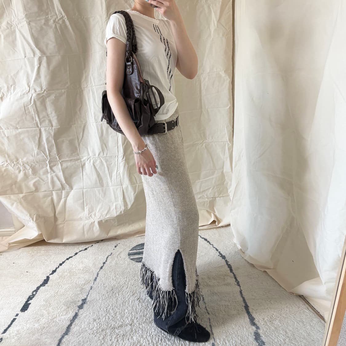 Fringe Hem Knit Midi Skirt 상품이미지2