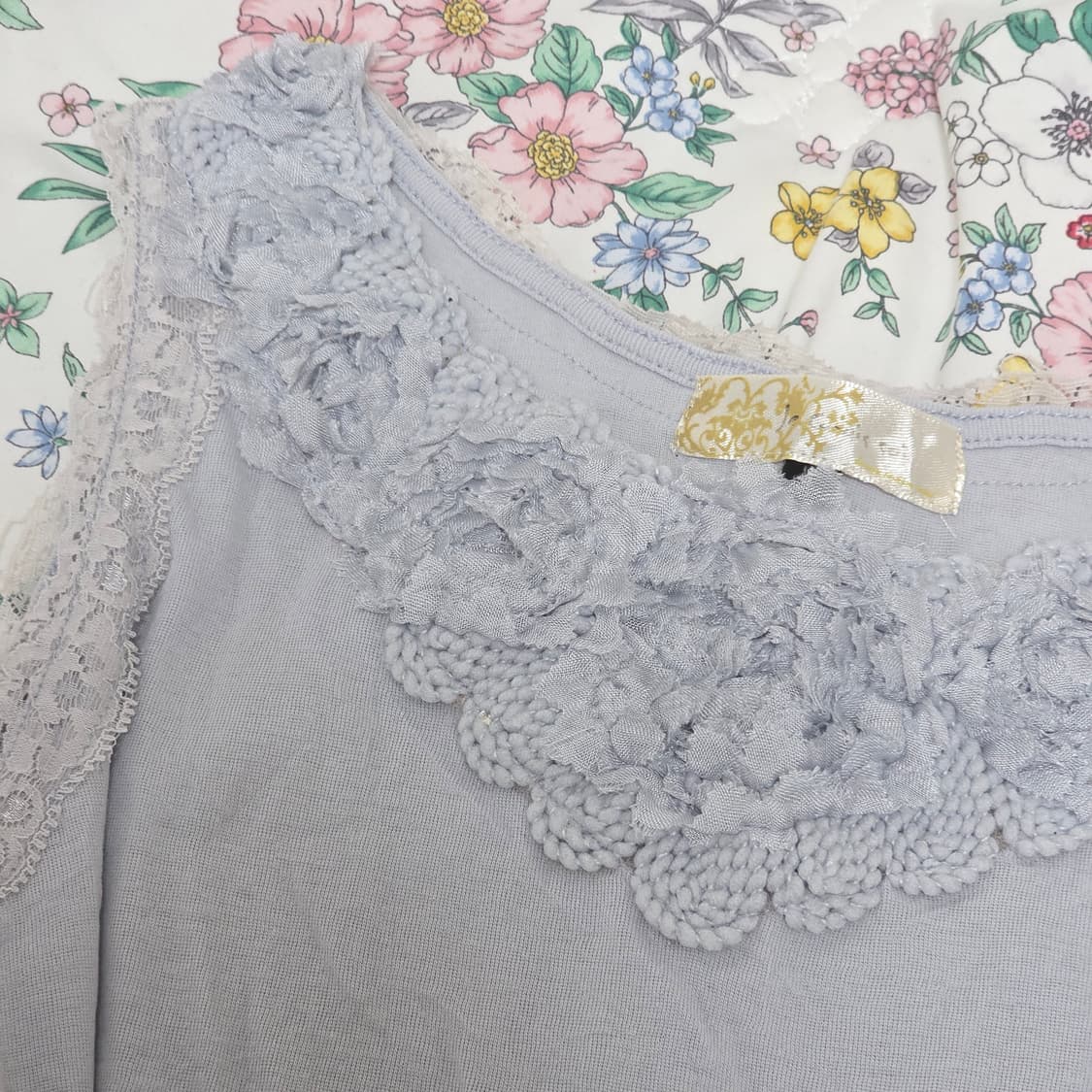 일본빈티지)레이스 스카이블루 모리걸 엑팜깔 플로럴 슬리브리스 상품이미지2