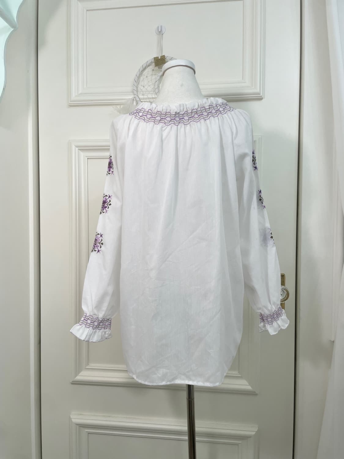 white purple embroidery loose cotton blo 상품이미지3