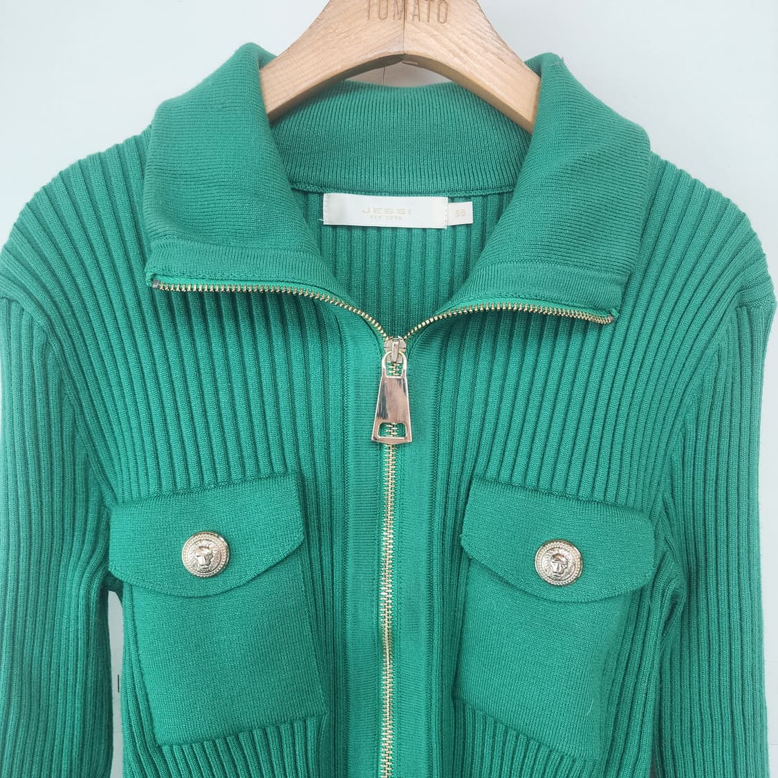 JESSI 골드버튼 그린 니트 집업 상품이미지2