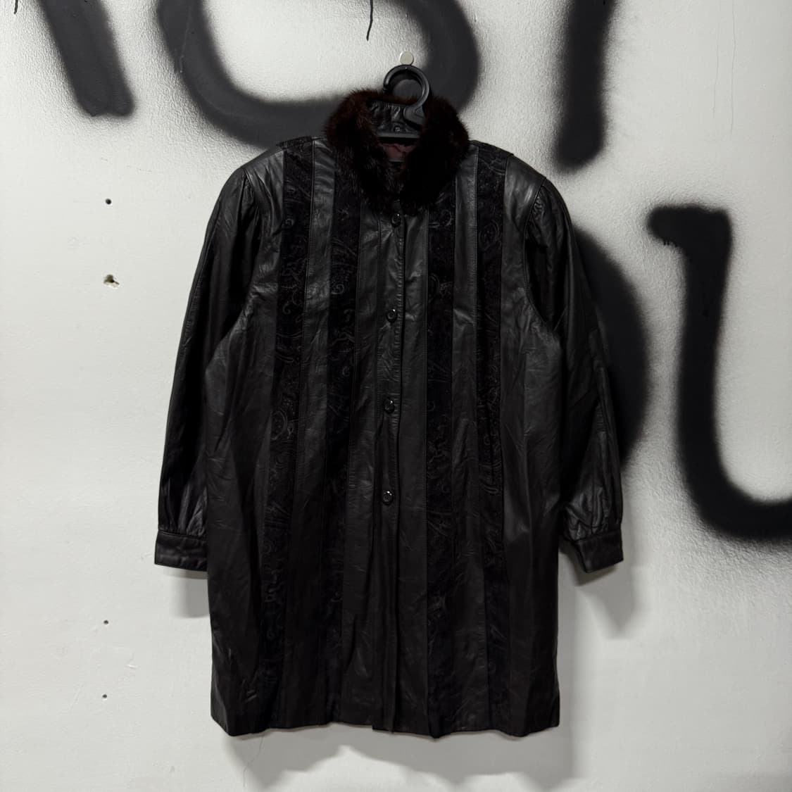 VTG 빈티지 딥 브라운 퍼 카라 스웨이드 디테일 소가죽 롱 코트 상품이미지1