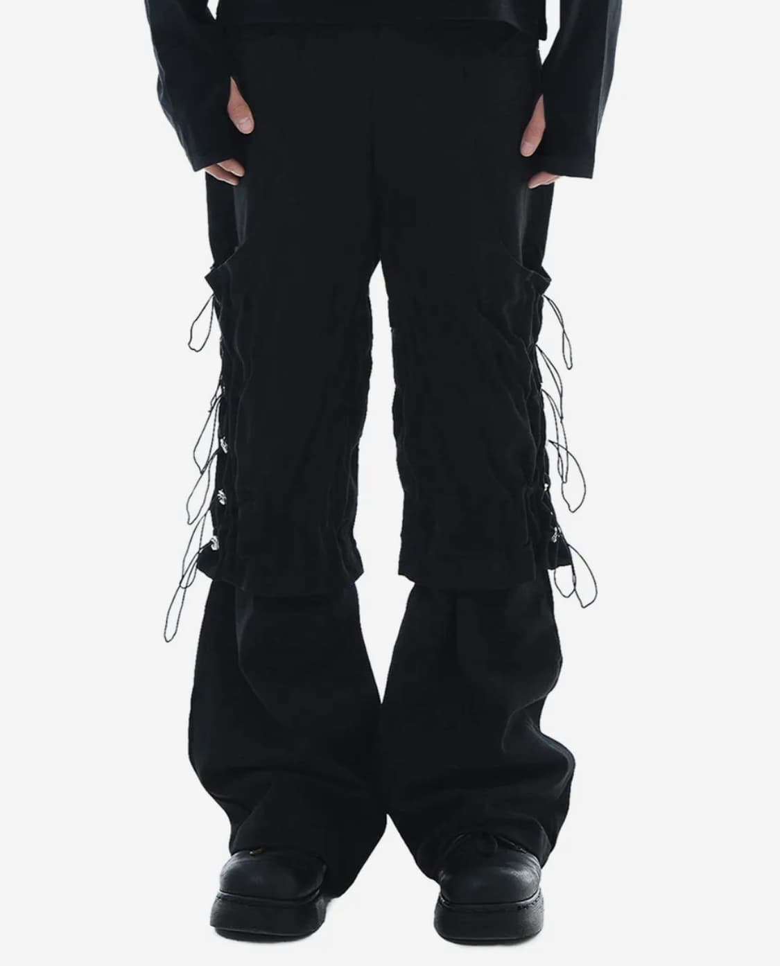 헤오진 플레어 베어리언트 레이어드 와이드 코튼팬츠 블랙  상품이미지1