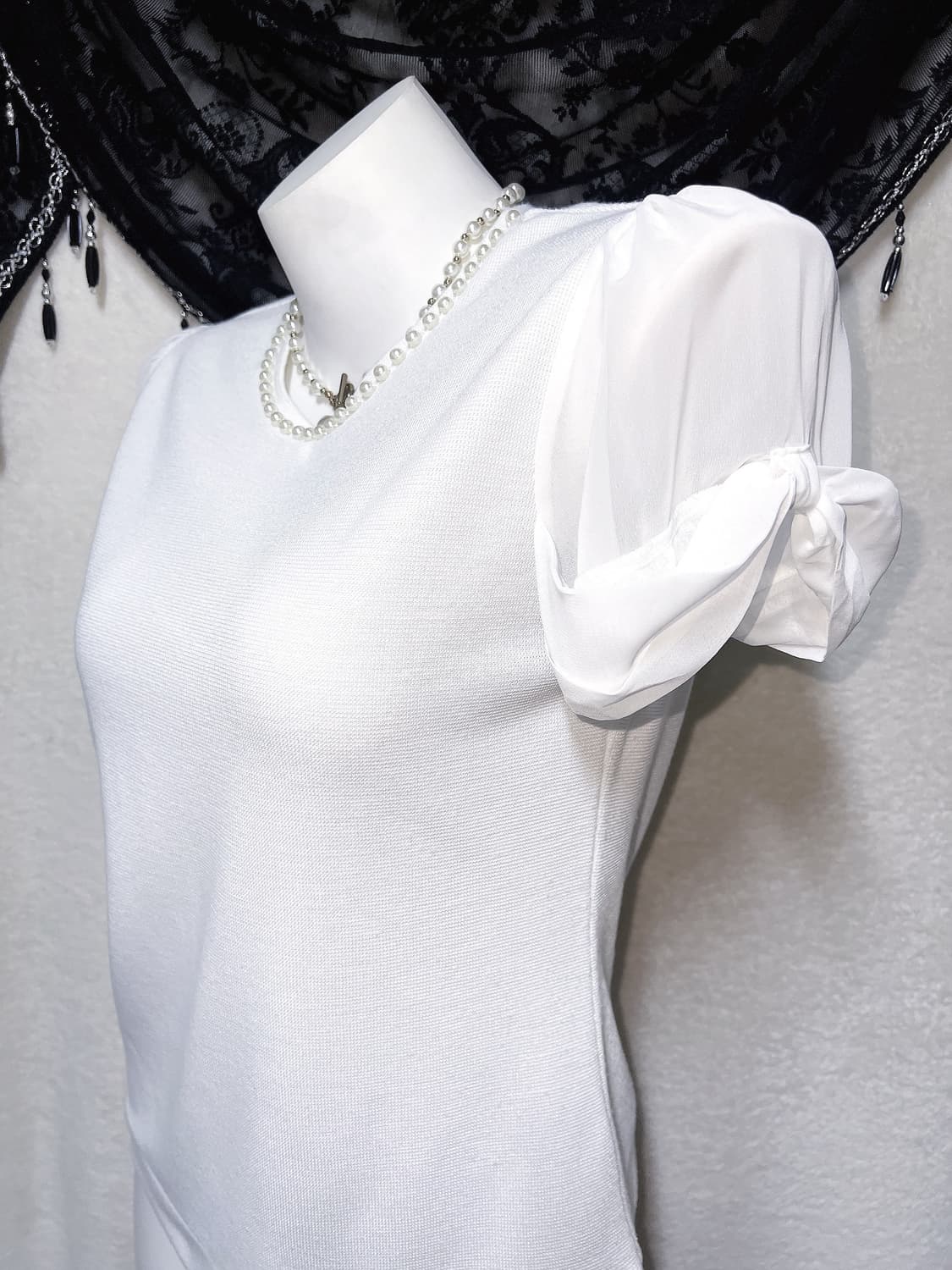 로맨틱갸루 히메 페미닌 진주 화이트 퍼프리본 반팔 로걀탑 핀터 러블리 상품이미지6