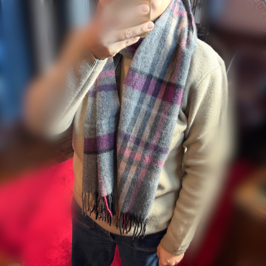 [로베르타 디 까메리노] 캐시미어 100 체크 머플러 그레이 퍼플톤 상품이미지9