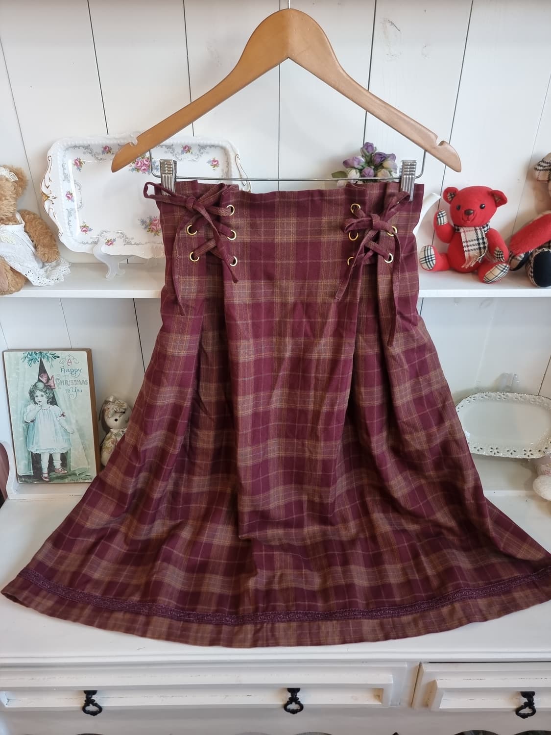 axes femme(엑시즈팜) 와인체크 레이스 롱스커트 상품이미지3