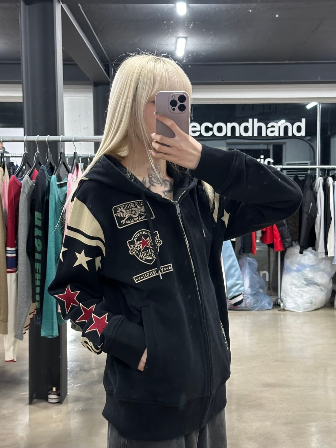 벤슨 레더 스타 패치 후드 집업 상품이미지1