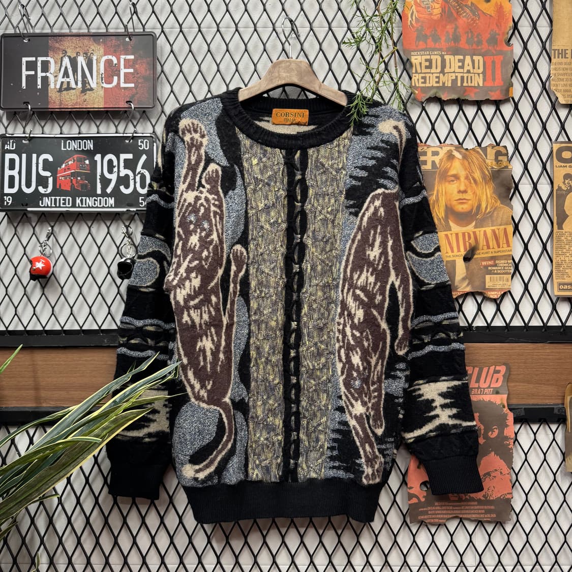 90s ITA VINTAGE 울 니트 사이드 호랑이 자수 포인트 블랙 상품이미지1