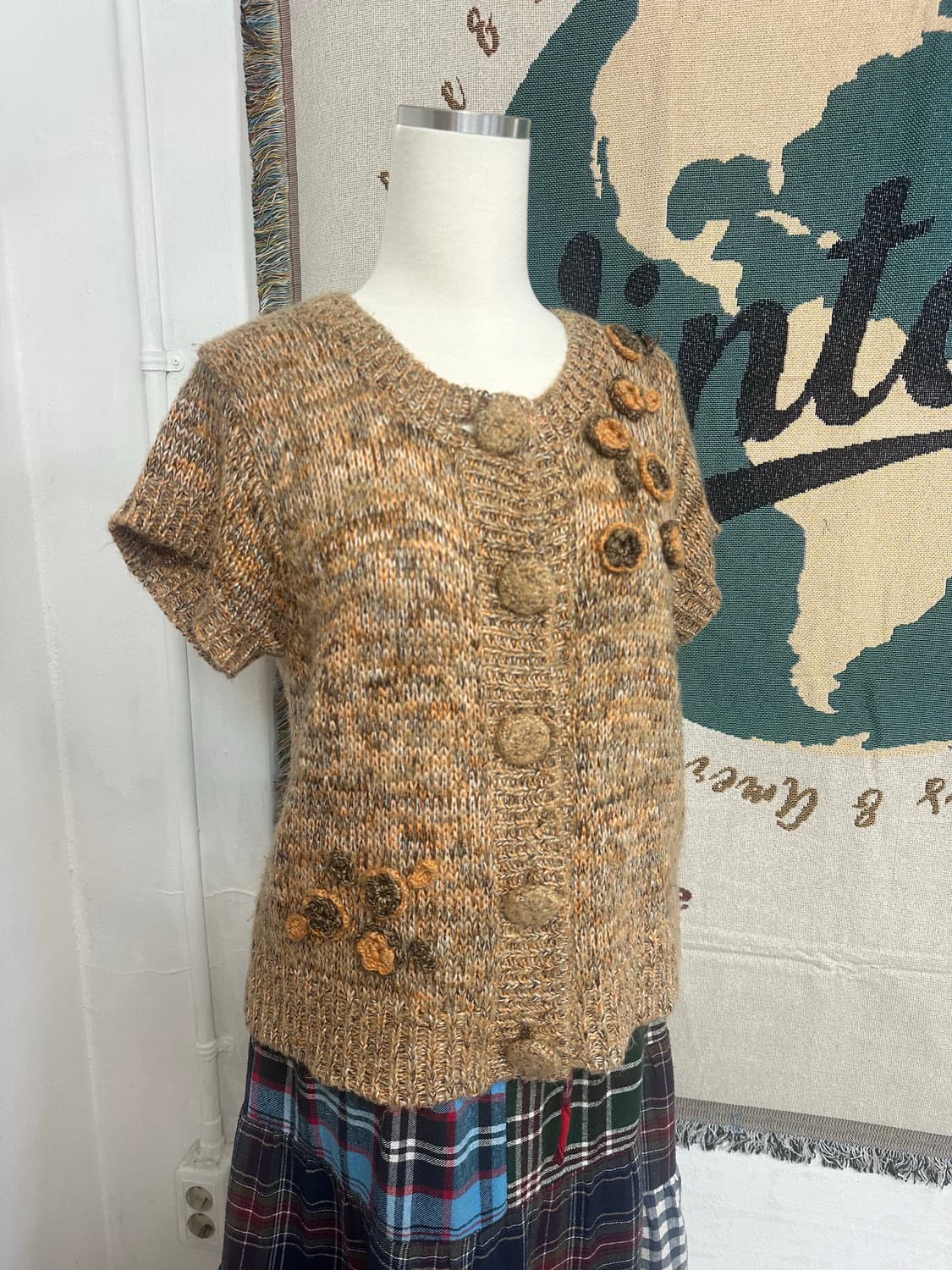 일본빈티지 핸드니트 플라워 디테일 울 블렌드 반팔 니트 가디건 상품이미지3