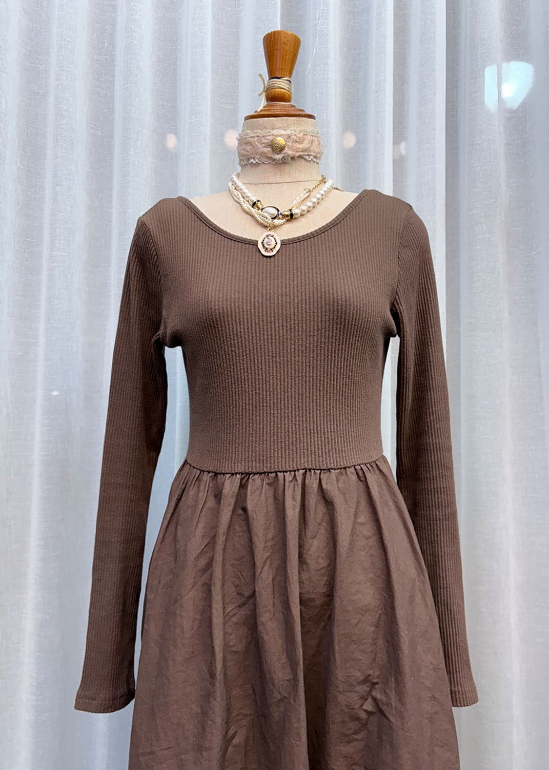 브라운 골지 롱 원피스 상품이미지1