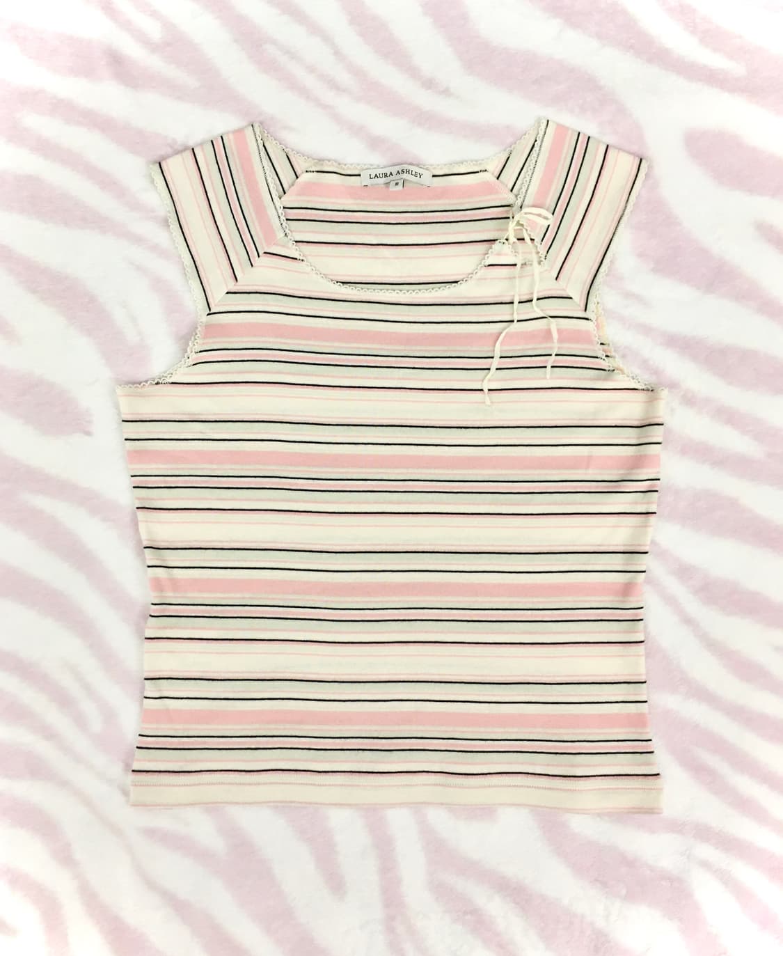 민트 핑크 스트라이프 리본 민소매 반팔 티셔츠 줄무늬 청순 갸루 모리걸 상품이미지3