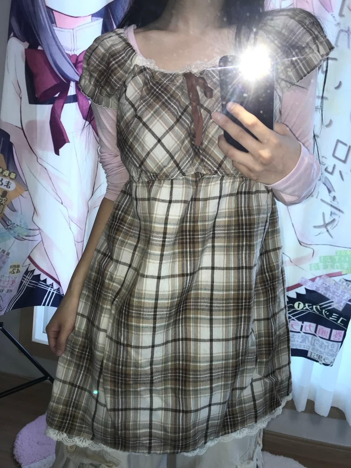 라떼 체크 리본 원피스 상품이미지1