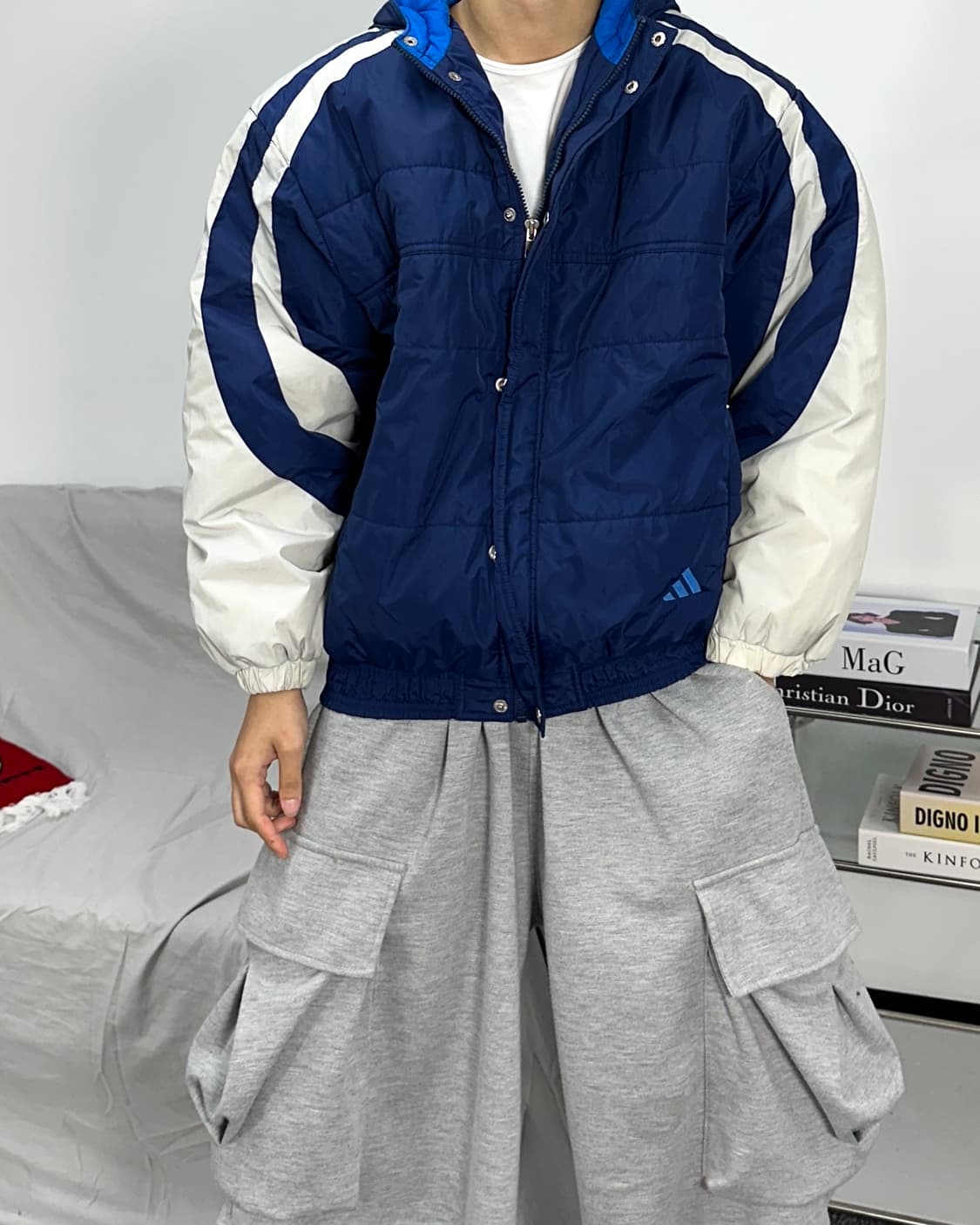 아디다스 90s 블루 배색 누빔 점퍼 XL 상품이미지3
