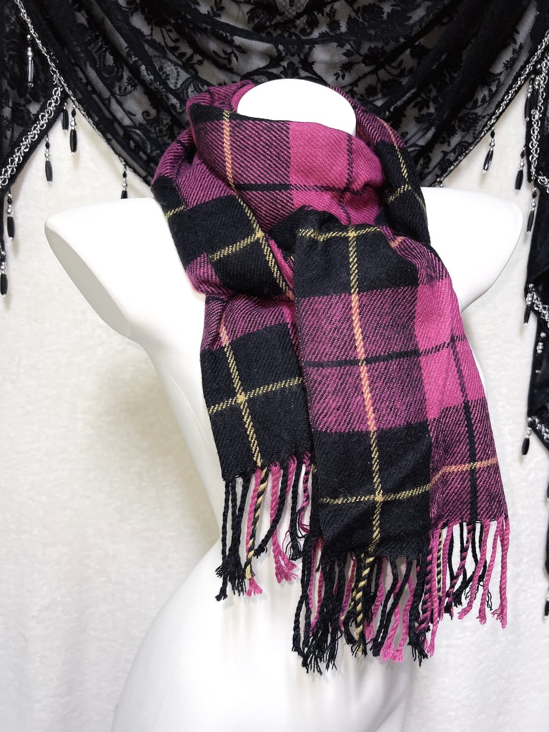 헤이세이 갸루 캐캐체 키치 펑크 y2k 마젠타 체크 패턴 머플러 목도리 상품이미지1