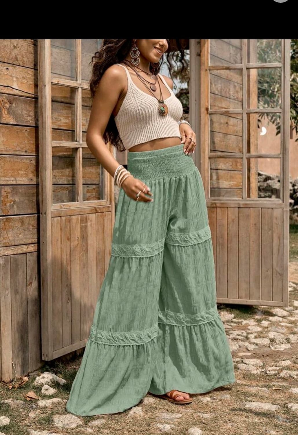 boho 보헤미안 히피 스타일 카키 롱 와이드 팬츠 캉캉 바지 빈티지 상품이미지2