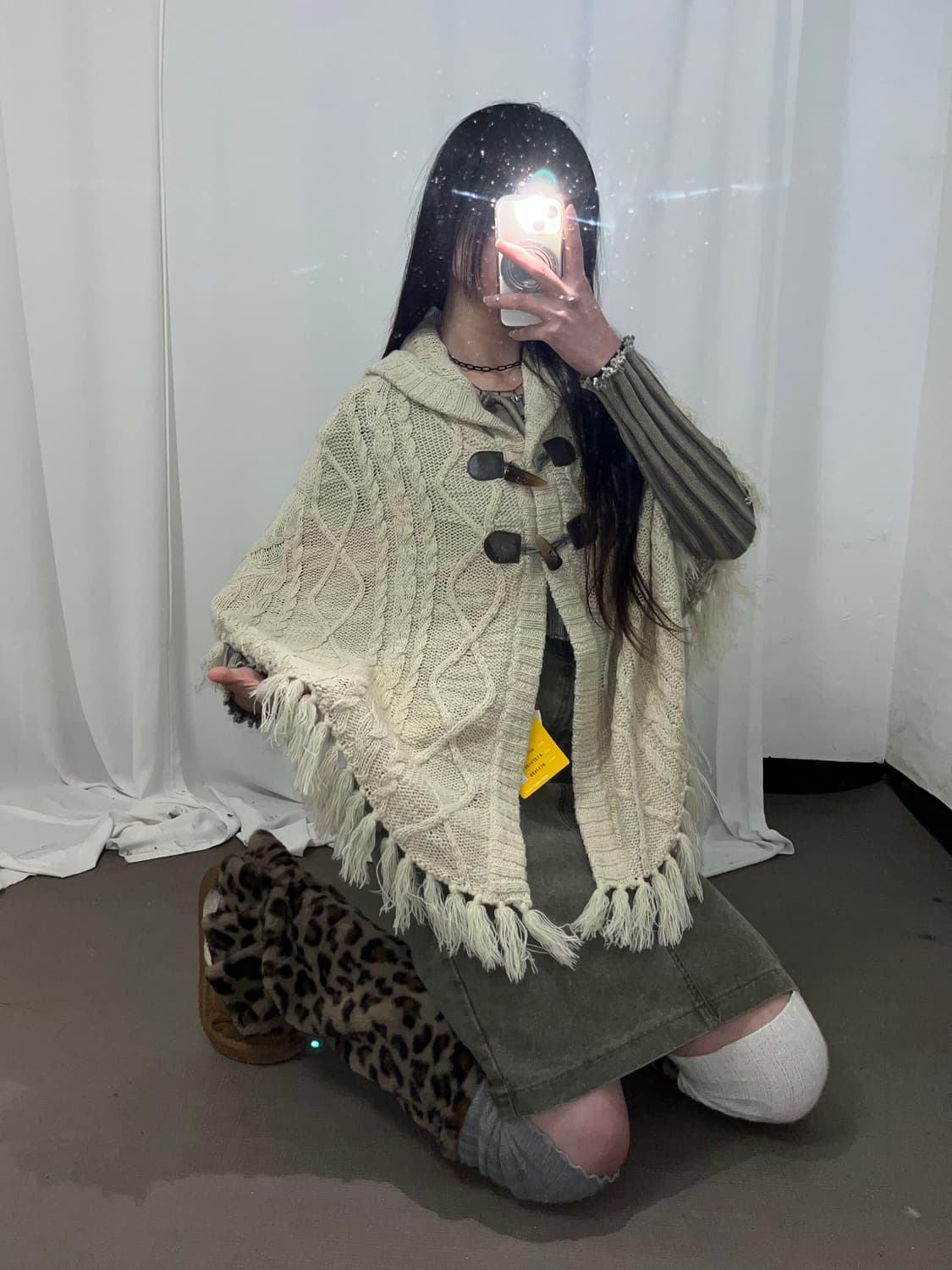 Colza 니트 프린지 후드 케이프 상품이미지3