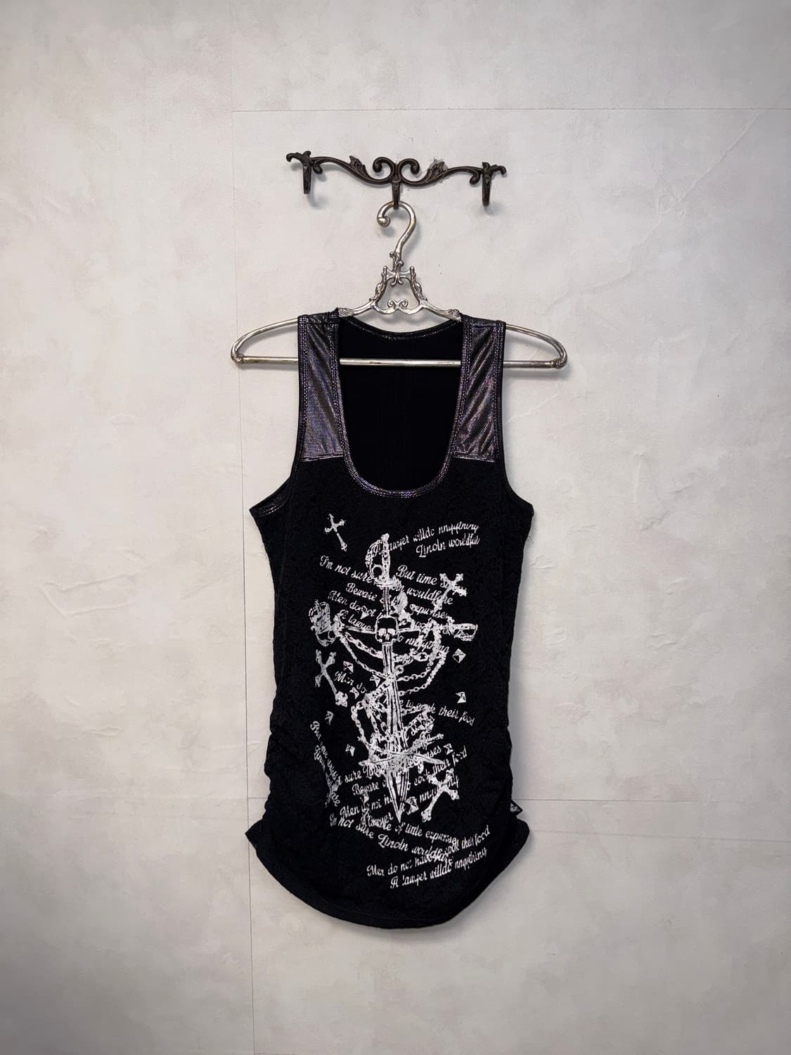 Black skull printing lace shirring ops 상품이미지2