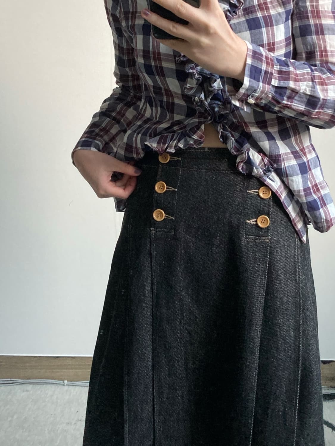 버튼 플리츠 데님 롱스커트 상품이미지2