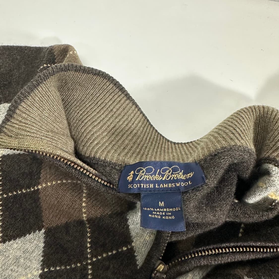 M 100 브룩스브라더스 브라운 램스울 아가일 반집업니트 상품이미지1