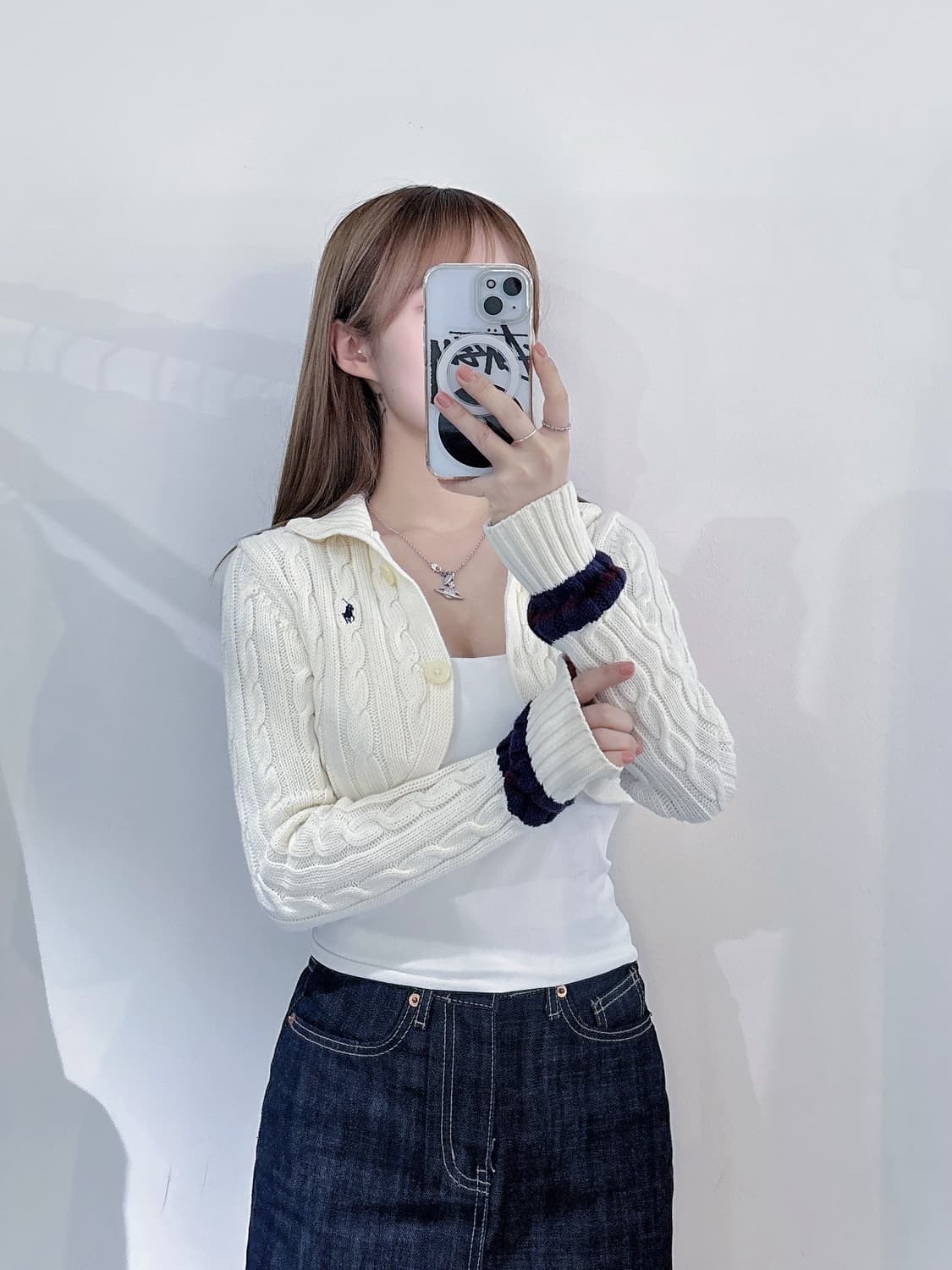 폴로랄프로렌 네이비포니 아이보리 케이블 크롭 가디건 상품이미지1