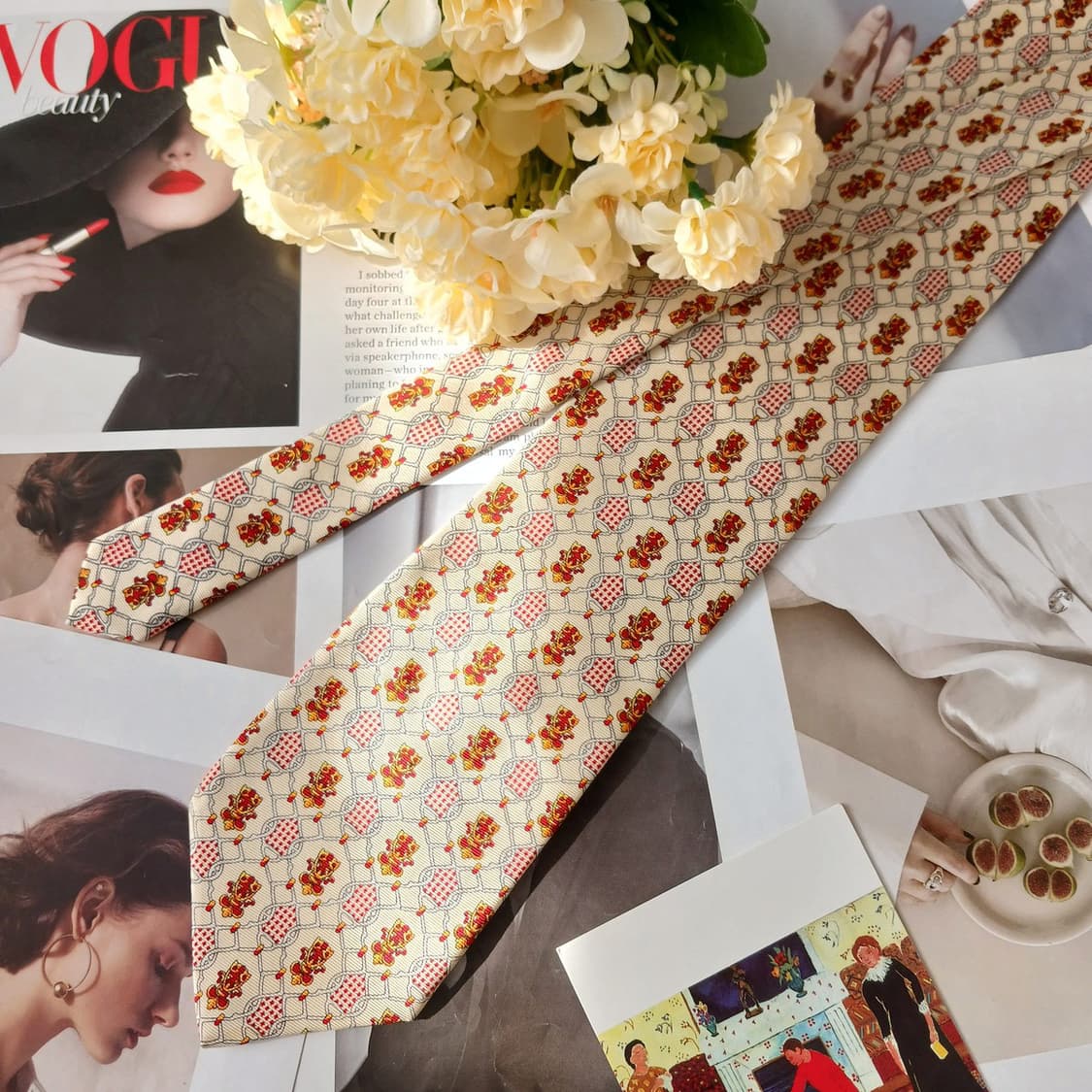 아쿠아스큐텀 실크 아이보리 패턴 넥타이 10cm A+등급 A19762
 상품이미지5