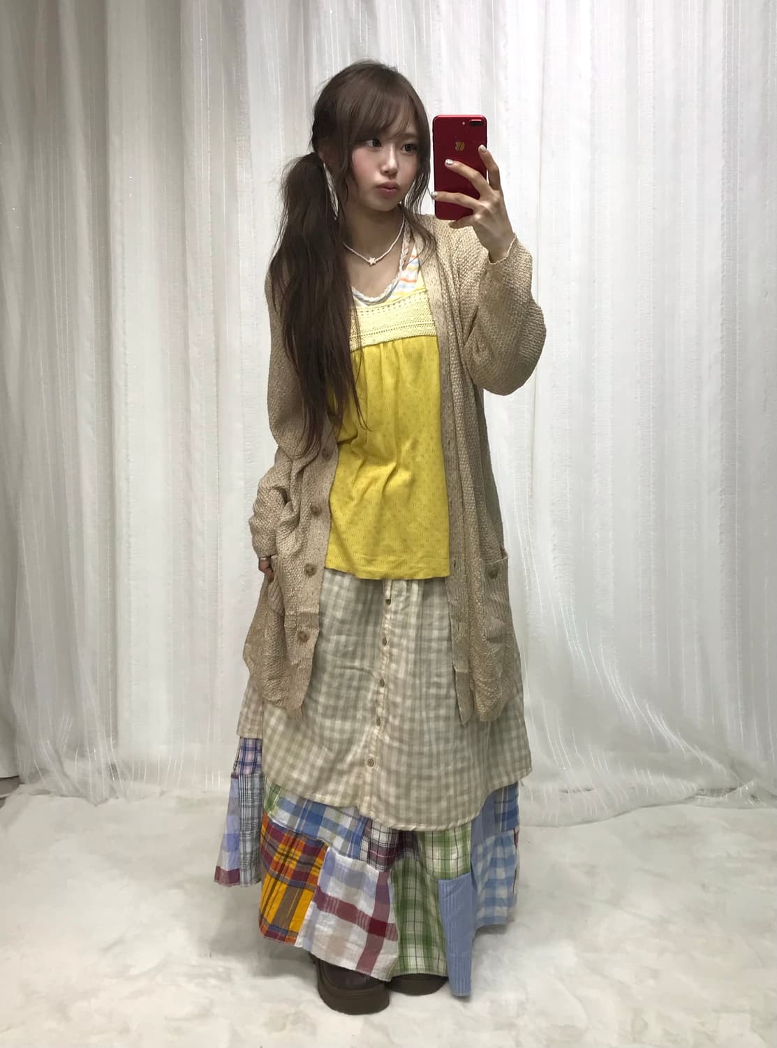 코사지 하구미 컬러포인트 패치워크 체크 코디세트 상품이미지1