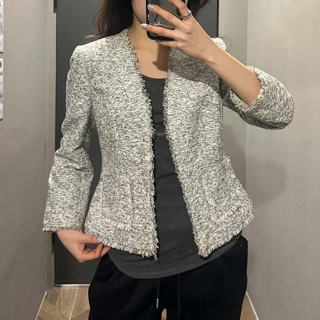 USA VINTAGE 크롭 트위드 오픈 자켓 노카라 프린지 디테일 그레이 상품이미지7