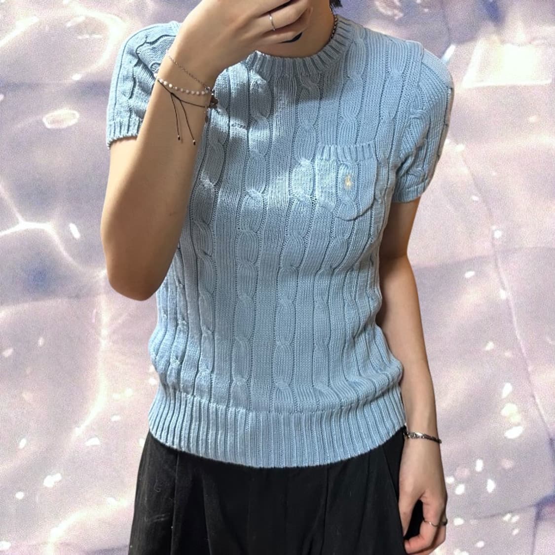 폴로 랄프로렌 신형 큐알 꽈배기 케이블 반팔 니트 소라 블루 S   상품이미지5