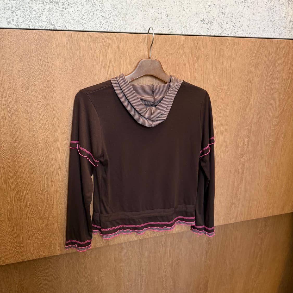 빈티지 후드 티셔츠 스포티 배색 핑크 스티치 디테일 브라운 상품이미지2