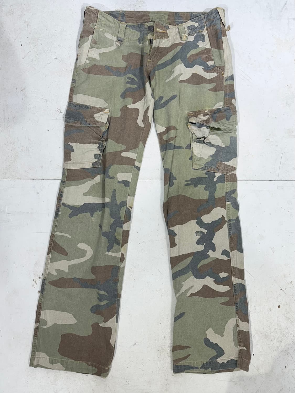 일본 빈티지 카키 미드라이즈 와이드 밀리터리 카모 카고 팬츠 부츠컷 바지 상품이미지4