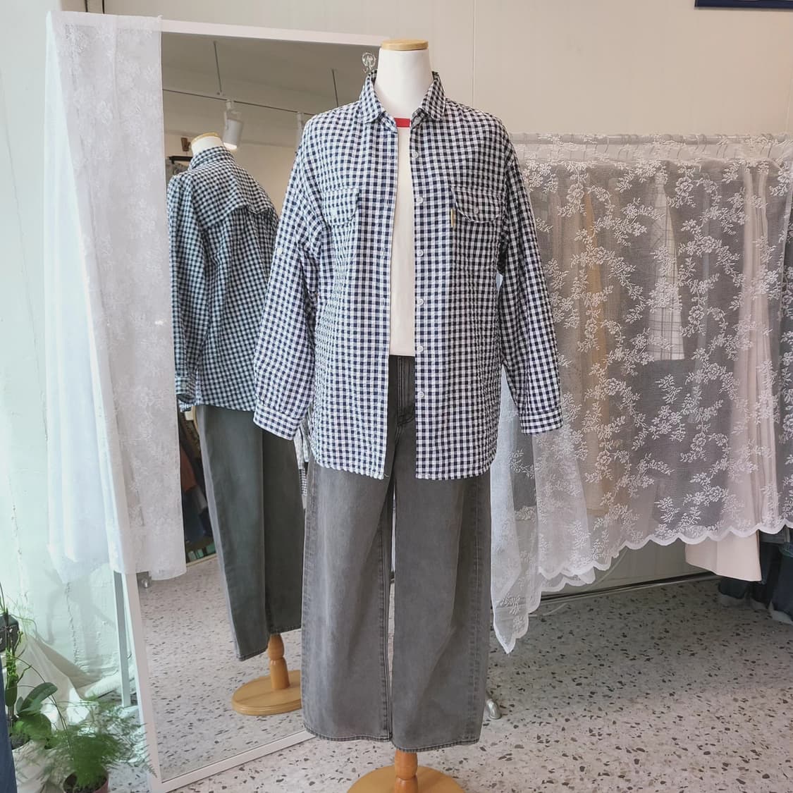 Sun3san 시어서커 네이비체크 셔츠 상품이미지8