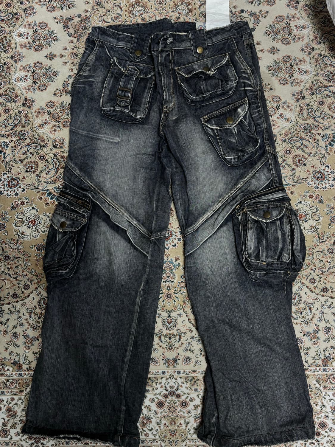 그레이 카고 와이드 멀티포켓 데님진 y2k 스트릿 34인치 상품이미지1