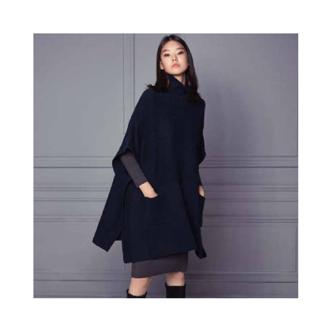 새상품 J by 정구호 네이비 울 캐시미어 니트 판초 터틀넥 모 케이프 상품이미지10