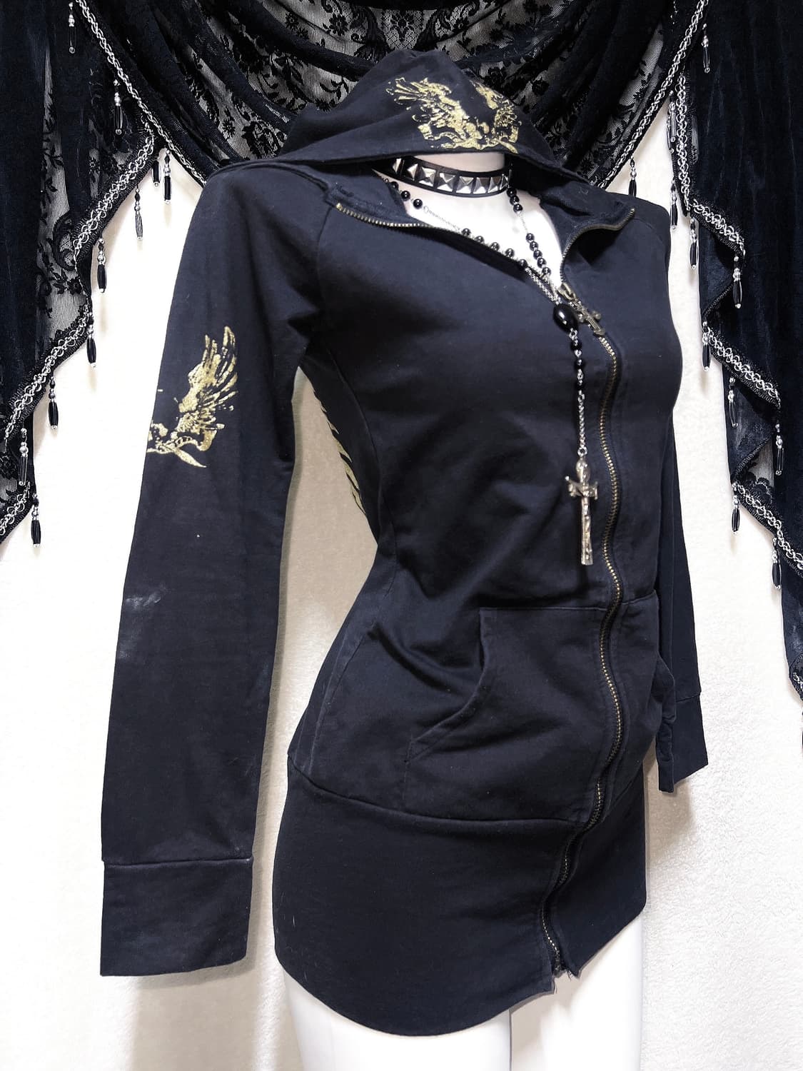 오네갸루 고스펑크 y2k 00 그런지 핀터 날개 윙 프린팅 후드집업원피스 상품이미지5