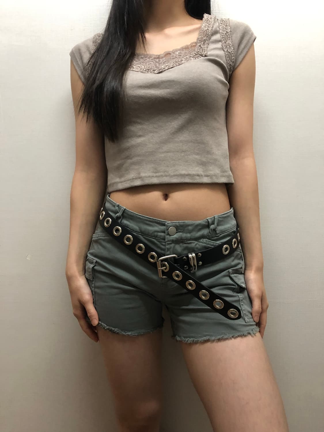 빈티지 라이트카키 레이스 티셔츠 상품이미지3