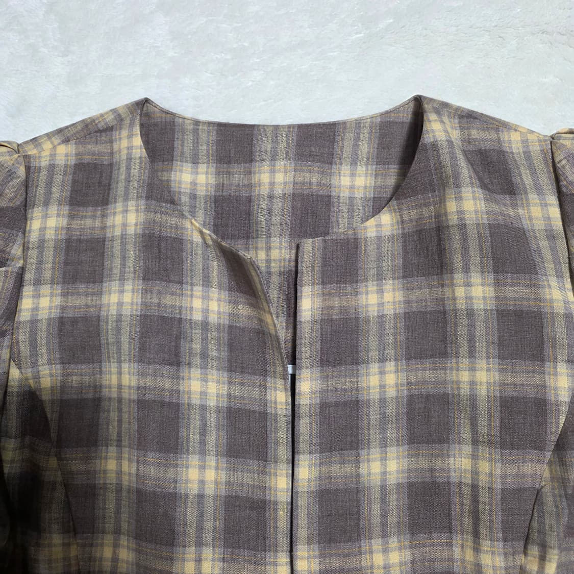 (F)여성 JS뉴욕 퍼프 셔링 슬리브 린넨 체크 자켓 상품이미지2