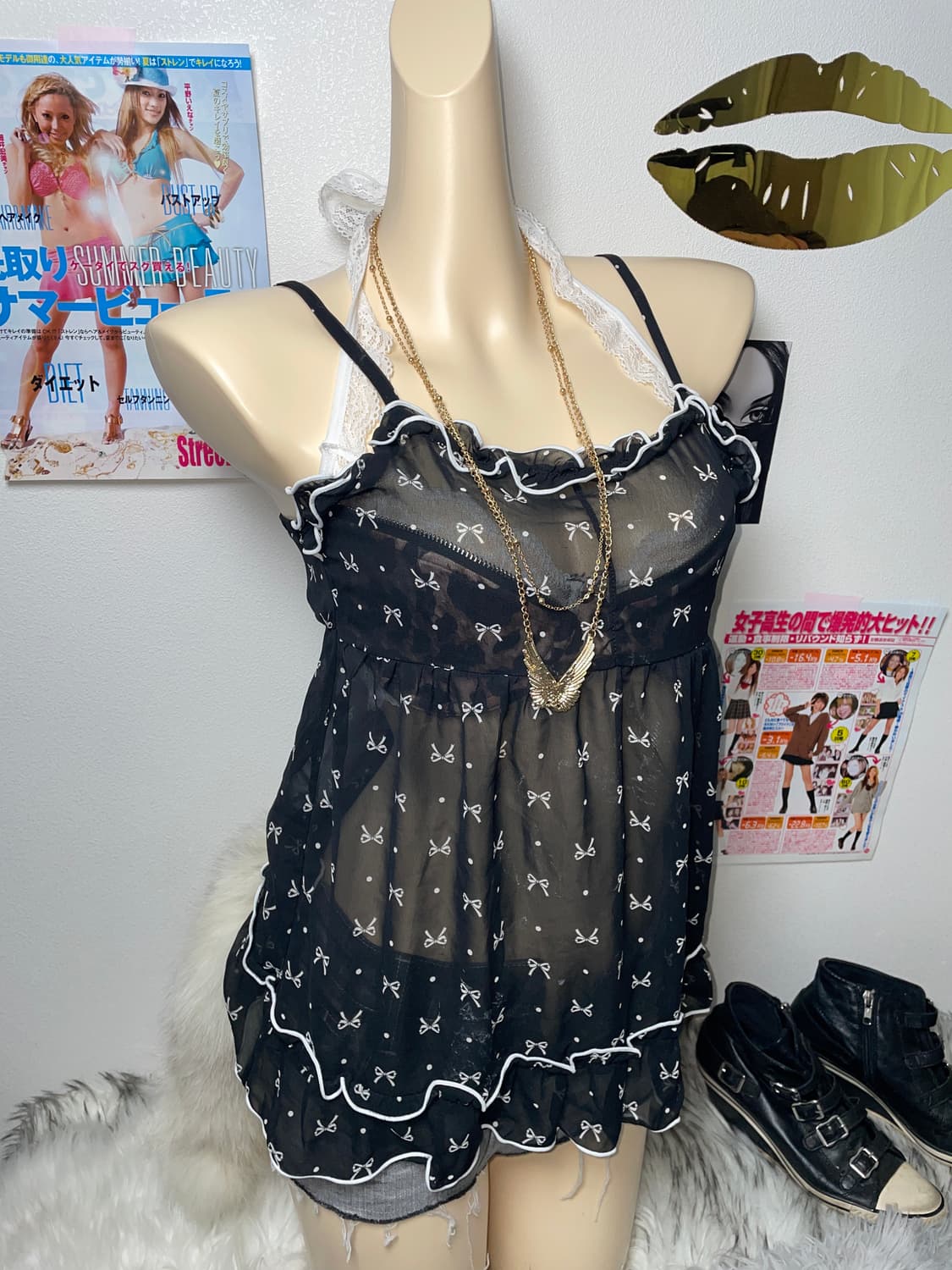 러블리 로맨틱 갸루 리본 프릴 슬리브리스 탑 상품이미지1