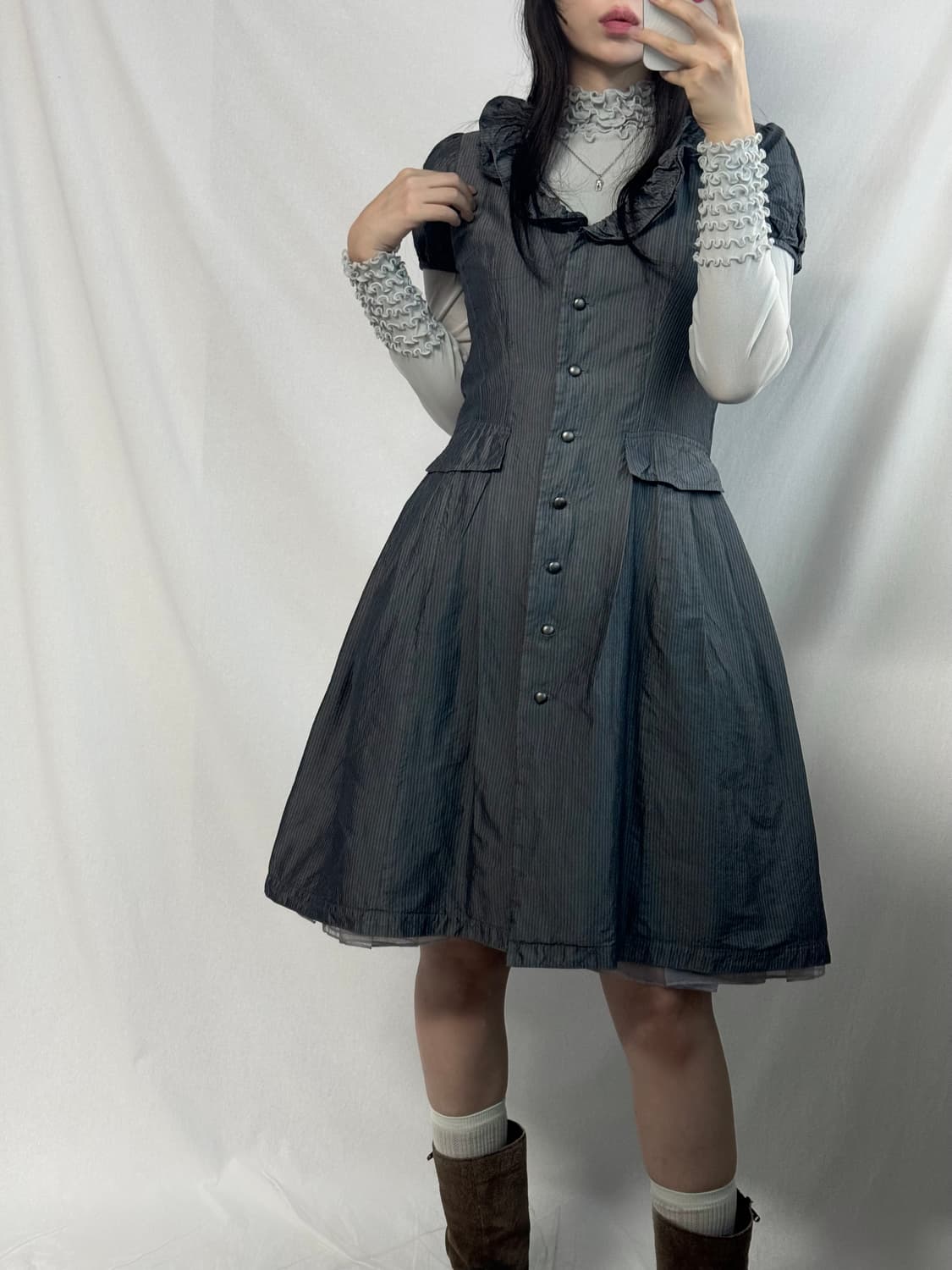 퍼프 슬리브 레이어드 샤 드레스 메쉬 블라우스 2pcs SET 상품이미지4