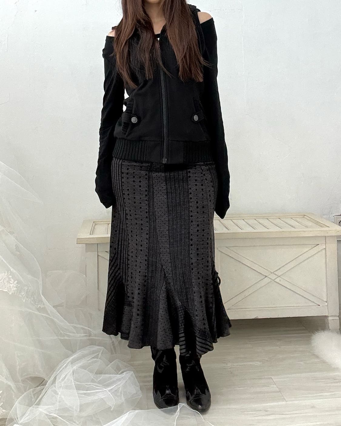 Dot stripe purple black long skirt 상품이미지8
