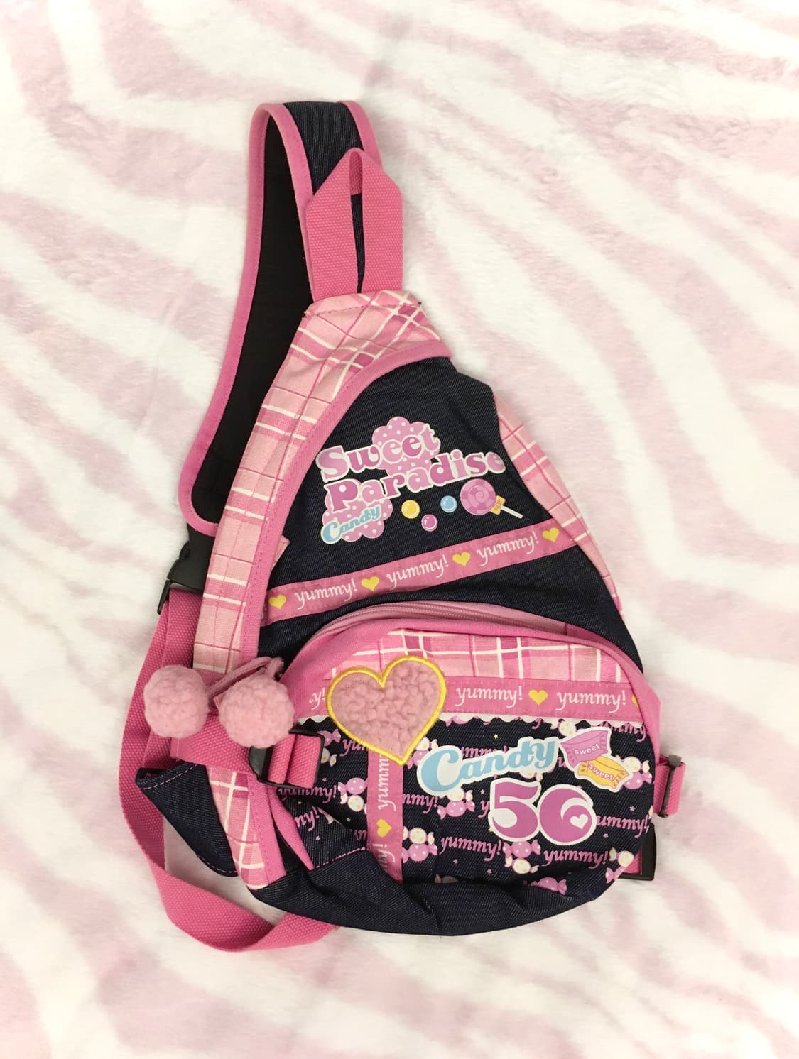 핑크 체크 캔디 데님 폼폼이 바디백 헤이세이 조지후쿠 갸루 상품이미지1