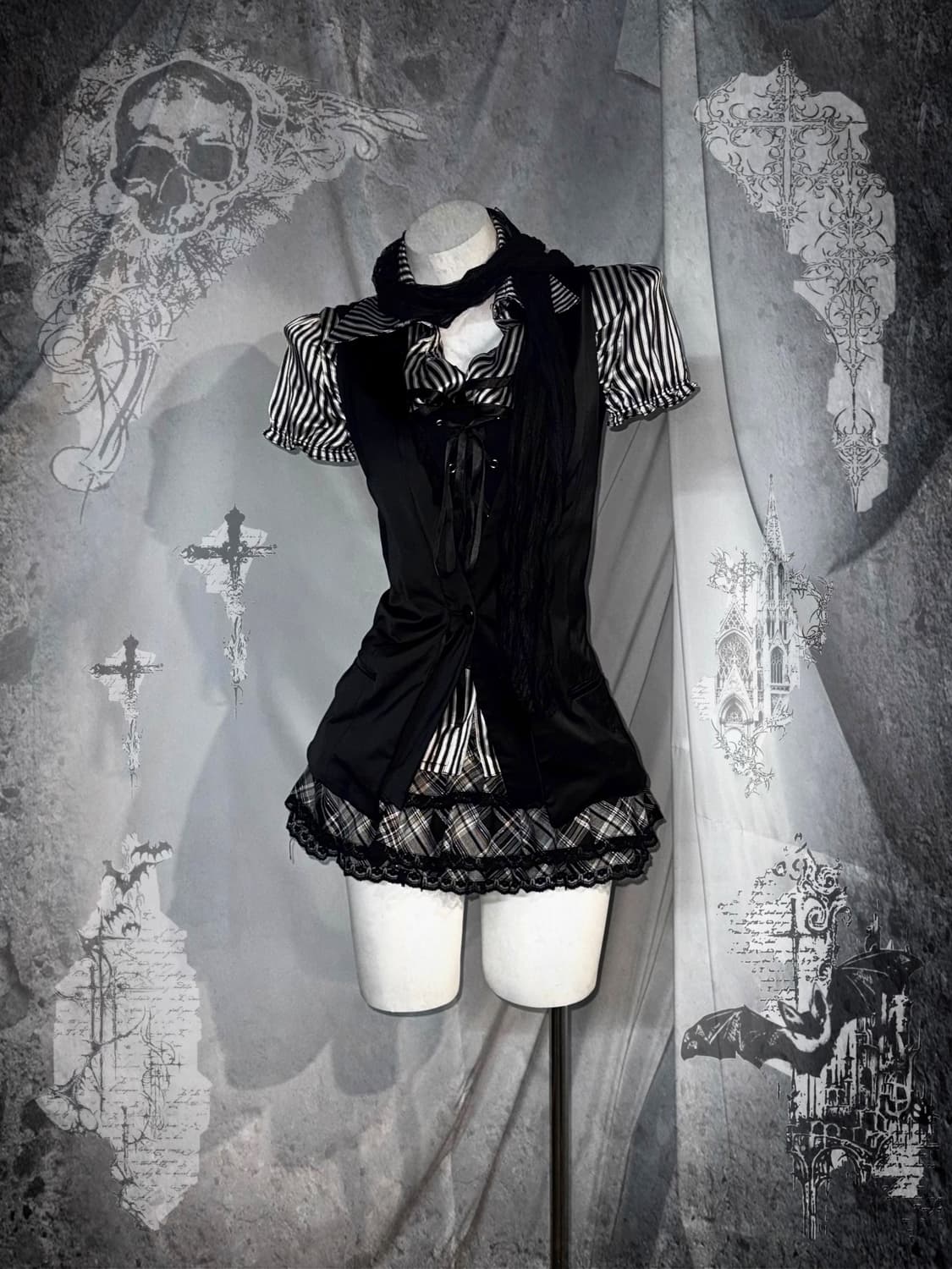 무채색 미와코깔 체크 레이스 스트라이프 프릴 코디세트  상품이미지1