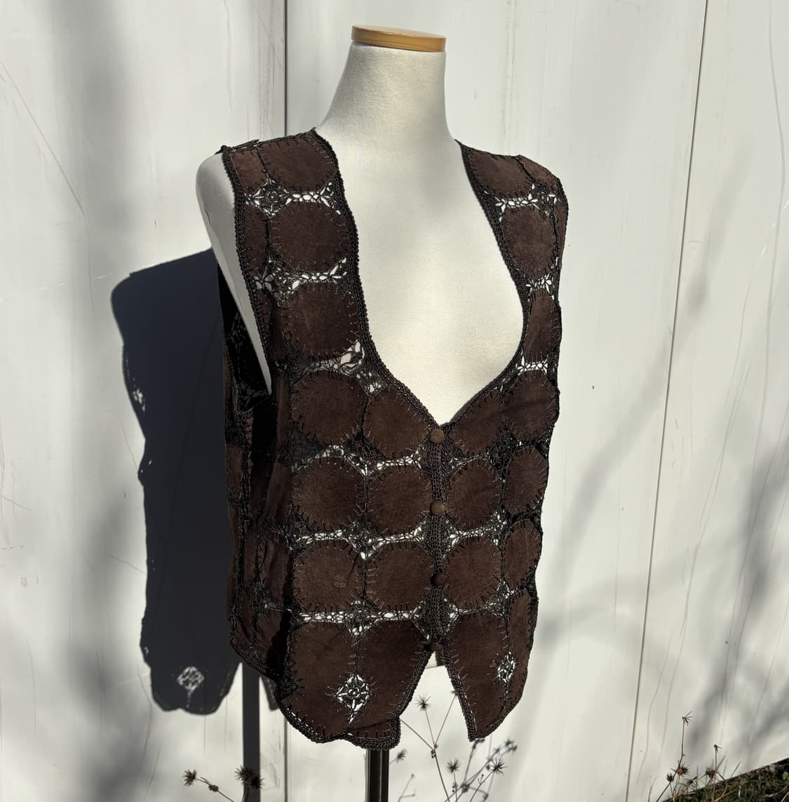 Caldcattle 빈티지 브라운 패치워크 리얼 레더 크로쉐 베스트 상품이미지2