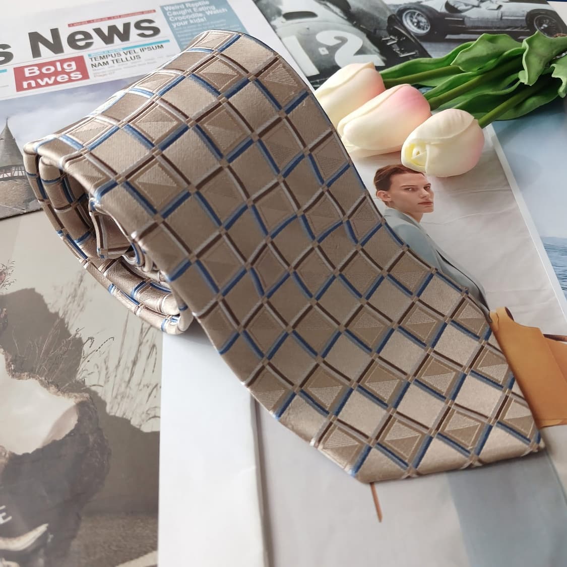 마이클코어스 실크 골드베이지 체크 넥타이 9.1cm A+등급 A18819 상품이미지2