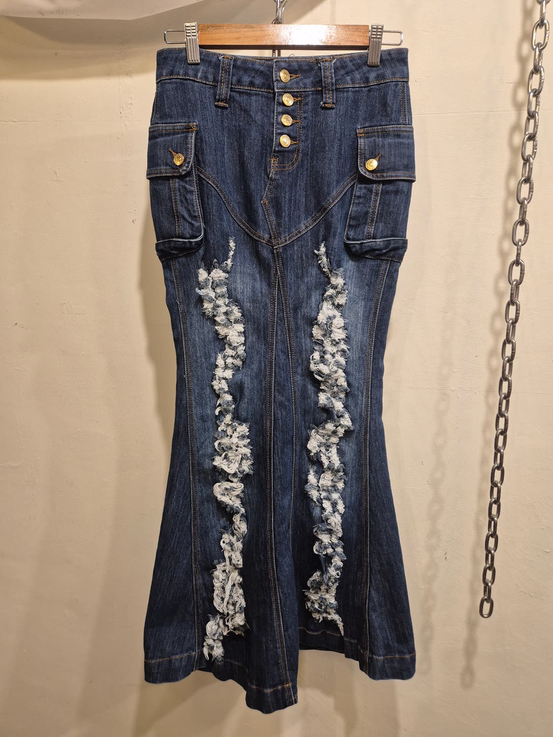 골드 버튼 디스트로이드 머메이드핏 데님 스커트 y2k 갸루 상품이미지2