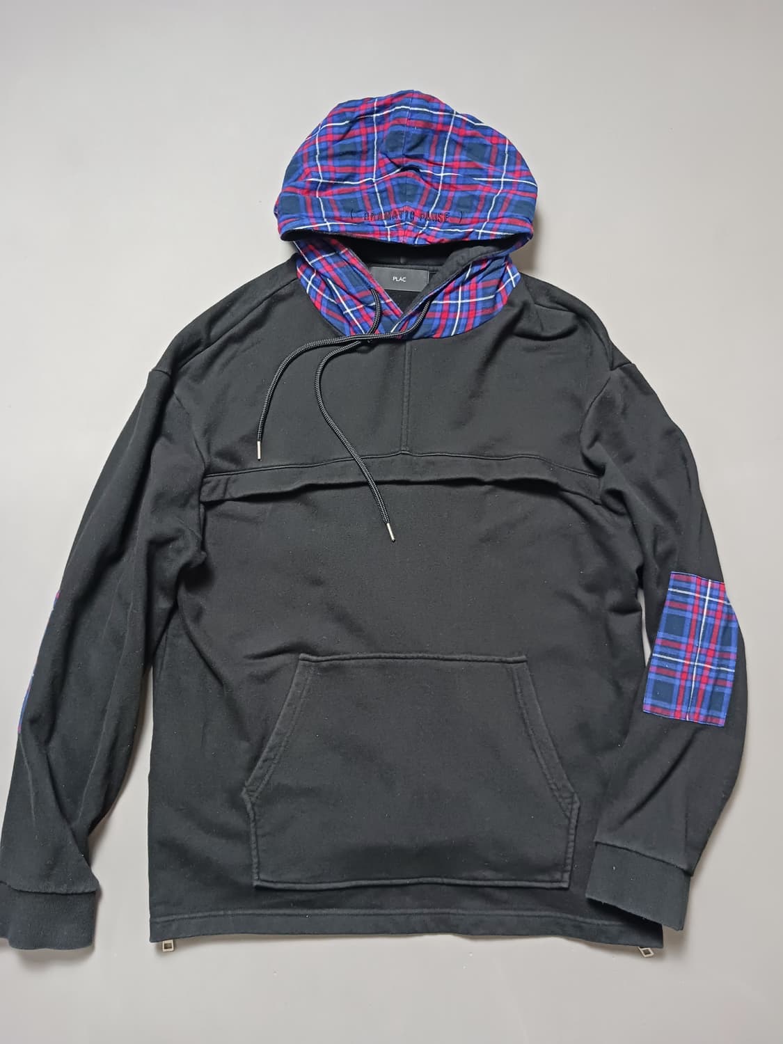 [L] PLAC 블랙 체크 레이어드 후드티 상품이미지1