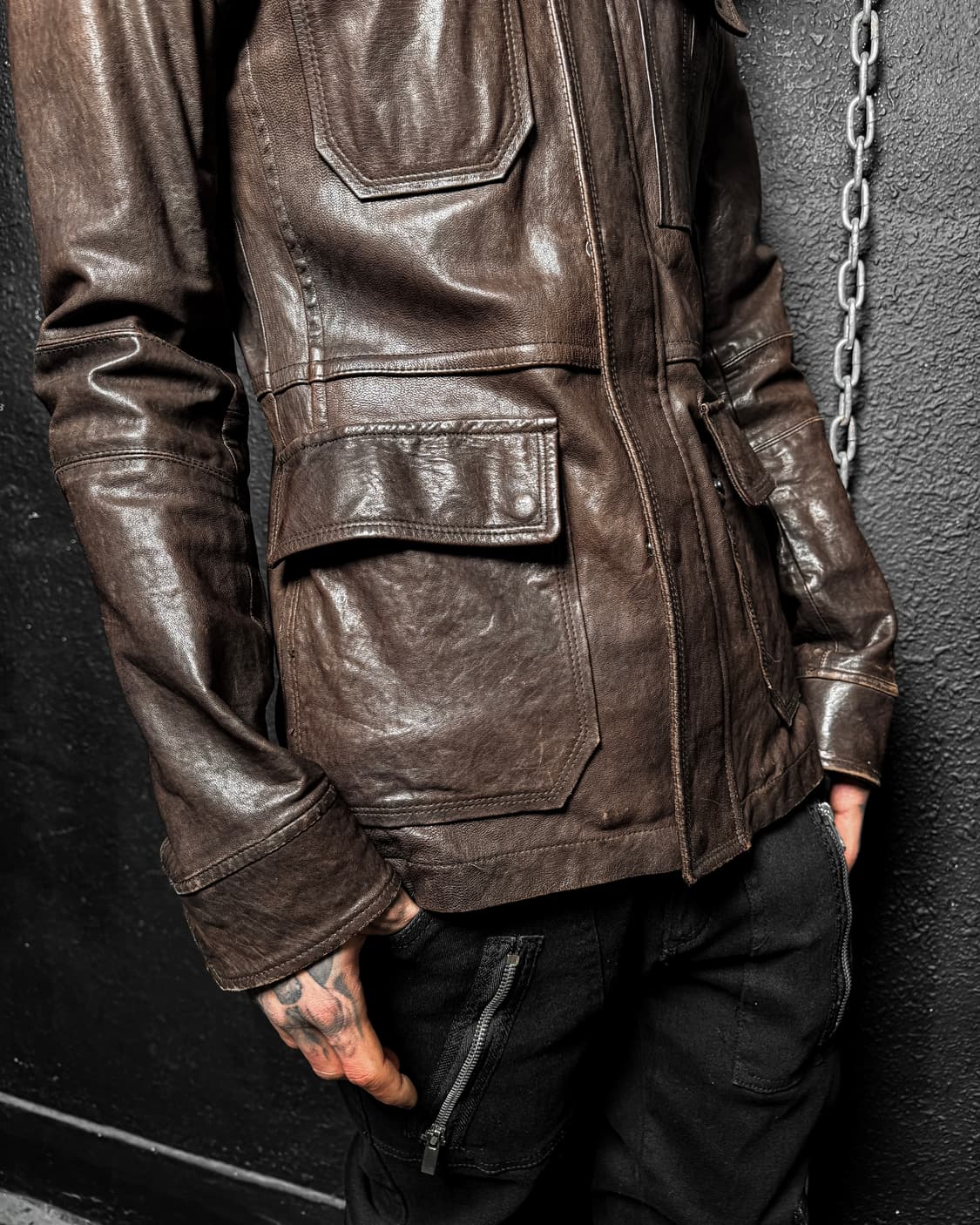 Brown Multi Pocket Leather Jacket 상품이미지5