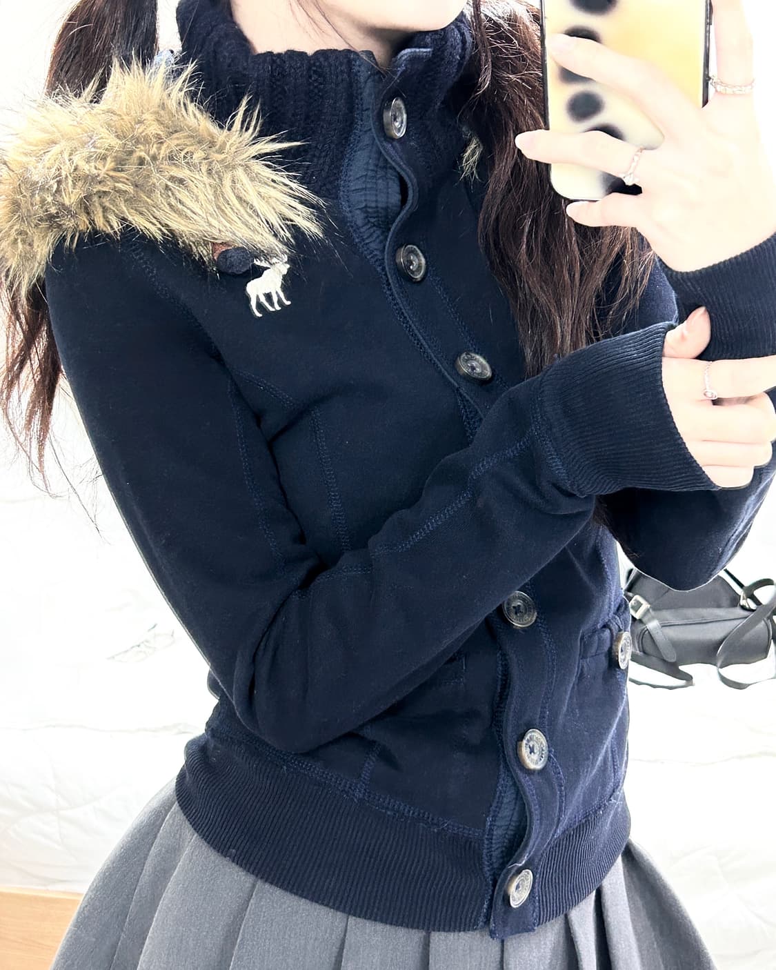 아베크롬비 순록 네이비 울프죠 버튼 후드집업 상품이미지1